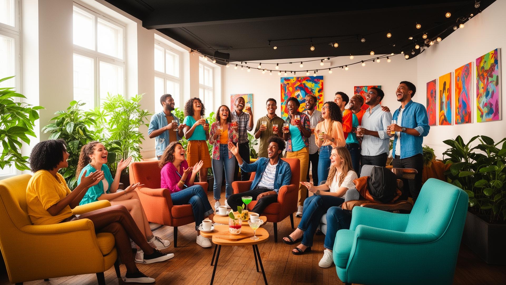 Membres du Club discutant et riant dans un salon chaleureux